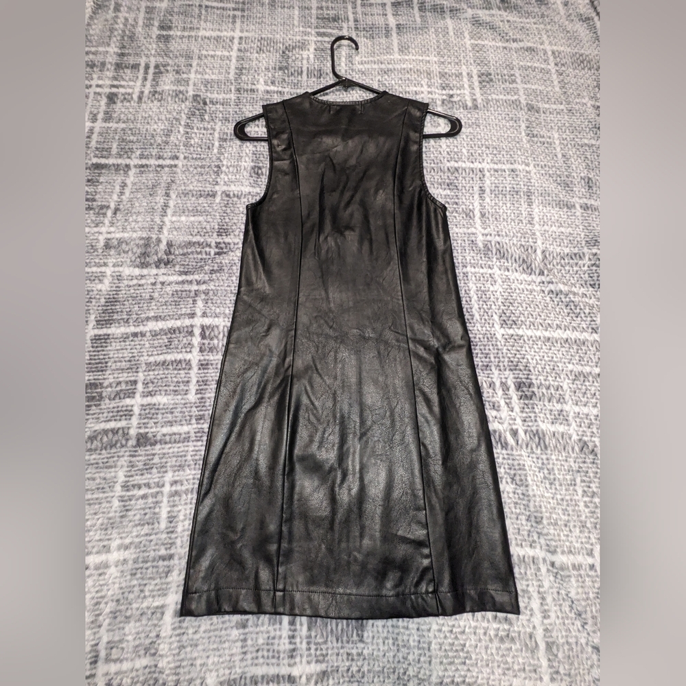 Black Leather Sleeveless Zip Up Front Mini Dress